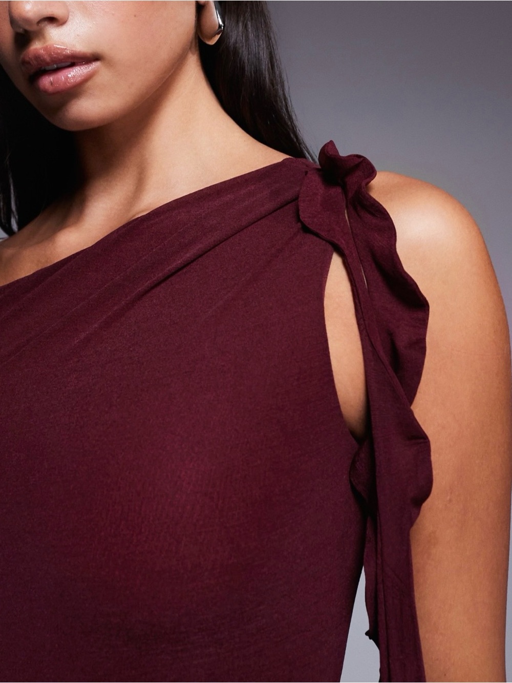 ASOS Burgundy One-Shoulder Ruffle-Trim Gown - Picture 4 of 4